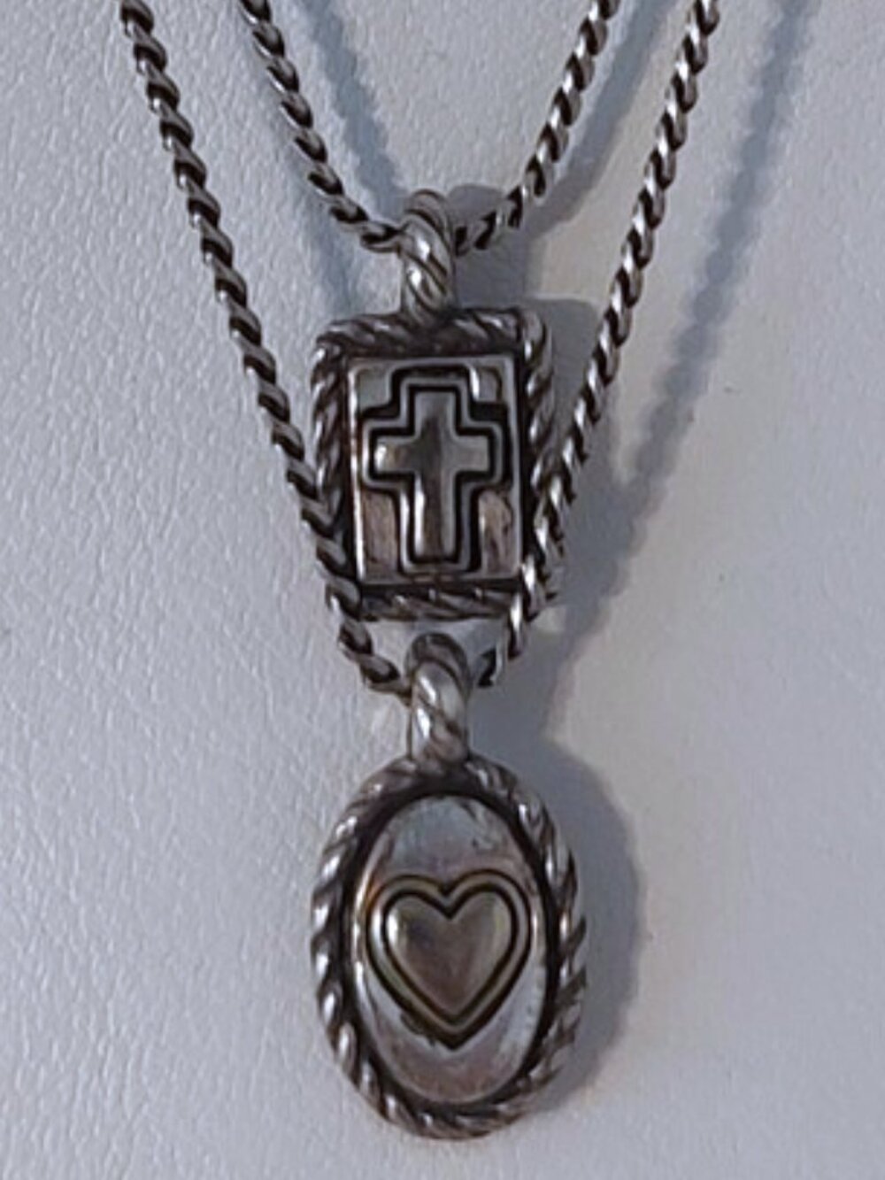 Brighton rhinestone cross heart double strand silvertone necklace w/pouch EUC - Picture 5 of 7